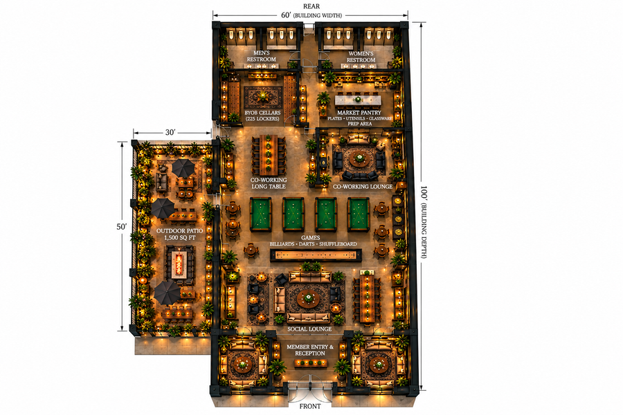 Club floor plan architectural overview